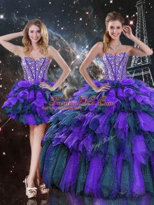 High Class Sweetheart Sleeveless Organza Ball Gown Prom Dress Beading and Ruffles and Ruffled Layers Lace Up