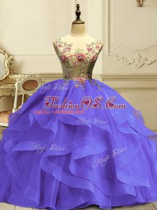 Simple Lavender Organza Lace Up Sweet 16 Quinceanera Dress Sleeveless Floor Length Appliques and Ruffles