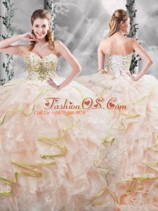 Unique Ball Gowns Sleeveless Peach Vestidos de Quinceanera Brush Train Lace Up