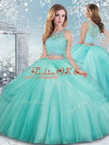 Edgy Scoop Sleeveless Tulle Sweet 16 Quinceanera Dress Beading and Lace Clasp Handle