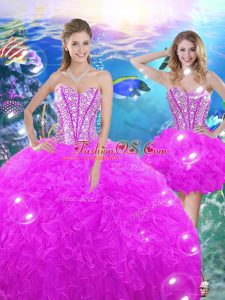 Fuchsia Organza Lace Up 15th Birthday Dress Sleeveless Floor Length Beading and Ruffles