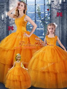 Orange Sleeveless Organza Lace Up Sweet 16 Quinceanera Dress for Military Ball and Sweet 16 and Quinceanera