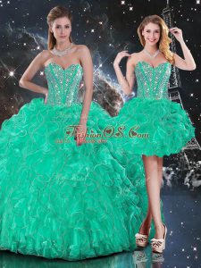 Simple Sleeveless Beading and Ruffles Lace Up Quince Ball Gowns