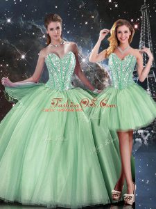 Elegant Apple Green Tulle Lace Up Vestidos de Quinceanera Sleeveless Floor Length Beading