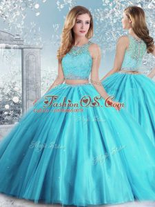 Aqua Blue Ball Gowns Scoop Sleeveless Tulle Floor Length Clasp Handle Beading and Sequins Quinceanera Gowns
