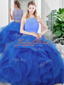 Top Selling Tulle Scoop Sleeveless Zipper Lace and Ruffles Quinceanera Gowns in Blue