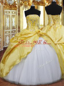 Gorgeous Floor Length Lace Up Ball Gown Prom Dress Gold for Military Ball and Sweet 16 and Quinceanera with Beading and Hand Made Flower