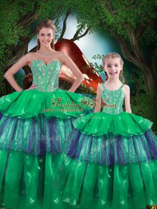 Admirable Sleeveless Organza Floor Length Lace Up Sweet 16 Dresses in Green with Beading and Ruffled Layers