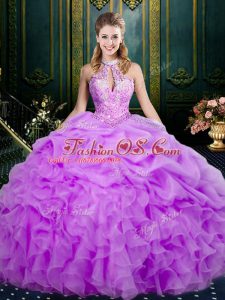 Elegant Ball Gowns Sweet 16 Quinceanera Dress Lilac Halter Top Organza Sleeveless Floor Length Lace Up