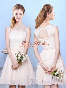 Classical Champagne Chiffon Lace Up Scoop Sleeveless Knee Length Wedding Guest Dresses Lace