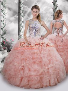Scoop Sleeveless Organza Sweet 16 Dress Beading and Ruffles Lace Up