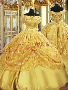 Floor Length Gold 15 Quinceanera Dress Tulle Sleeveless Beading and Appliques and Hand Made Flower