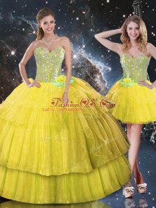 Floor Length Gold Quince Ball Gowns Organza Sleeveless Ruffled Layers and Sequins
