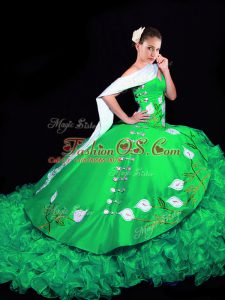 Green Organza Lace Up Sweetheart Sleeveless Sweet 16 Quinceanera Dress Brush Train Embroidery and Ruffles