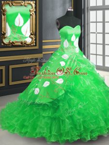 Green Ball Gowns Sweetheart Sleeveless Organza Brush Train Lace Up Embroidery and Ruffles Quinceanera Dress