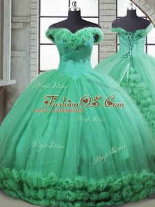 Off The Shoulder Sleeveless Quinceanera Gown Brush Train Hand Made Flower Turquoise Fabric With Rolling Flowers