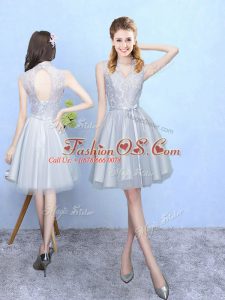 Knee Length Silver Bridesmaids Dress V-neck Sleeveless Lace Up