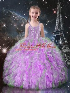 Lilac Ball Gowns Straps Sleeveless Organza Floor Length Lace Up Beading and Ruffles Pageant Gowns For Girls