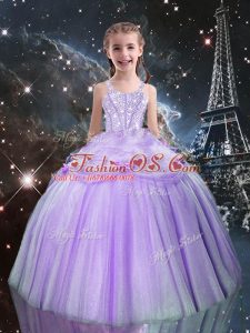 Sexy Lilac Tulle Lace Up Straps Sleeveless Floor Length Kids Pageant Dress Beading