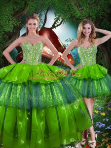 Sleeveless Floor Length Beading and Ruffled Layers Lace Up Vestidos de Quinceanera with Olive Green