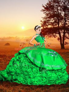 Sweetheart Sleeveless Quinceanera Gowns Brush Train Embroidery and Ruffles Green Organza