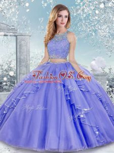 Floor Length Clasp Handle Quince Ball Gowns Lavender for Military Ball and Sweet 16 and Quinceanera with Beading and Lace