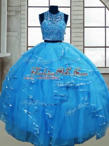 Sophisticated Baby Blue Vestidos de Quinceanera Military Ball and Sweet 16 and Quinceanera with Beading and Ruffles Scoop Sleeveless Lace Up