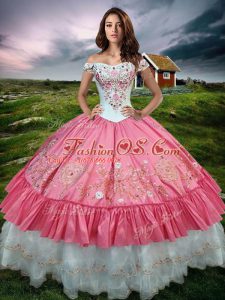 Cheap Hot Pink Off The Shoulder Lace Up Beading and Embroidery and Ruffled Layers Sweet 16 Dresses Sleeveless