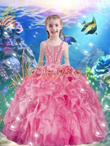 Sumptuous Floor Length Lace Up Little Girl Pageant Dress Rose Pink for Quinceanera and Wedding Party with Beading and Ruffles