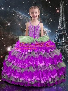 Beading and Ruffled Layers Girls Pageant Dresses Multi-color Lace Up Sleeveless Floor Length