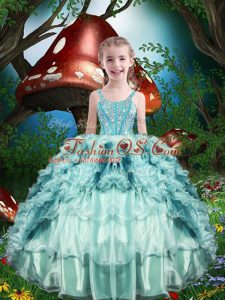 Floor Length Aqua Blue Little Girl Pageant Dress Organza Sleeveless Beading and Ruffles and Ruffled Layers