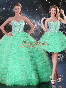 Sweetheart Sleeveless Vestidos de Quinceanera Floor Length Beading and Ruffled Layers Apple Green Organza