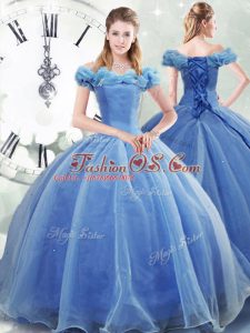 Customized Off The Shoulder Sleeveless Brush Train Lace Up Quinceanera Dress Light Blue Organza