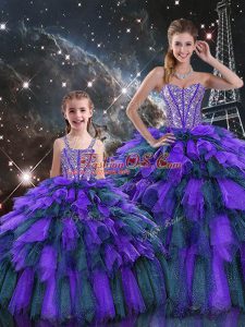 Floor Length Multi-color Quinceanera Gown Organza Sleeveless Beading and Ruffles and Ruffled Layers