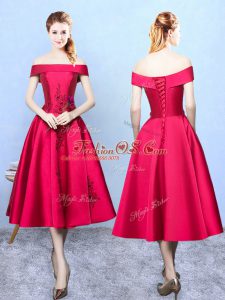 Fantastic Wine Red Taffeta Lace Up Bridesmaid Dress Cap Sleeves Tea Length Appliques