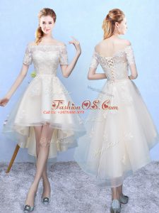 Fine Sleeveless Lace Up High Low Appliques Quinceanera Court of Honor Dress