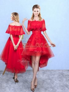 High Quality Off The Shoulder Half Sleeves Lace Up Wedding Guest Dresses Wine Red Organza