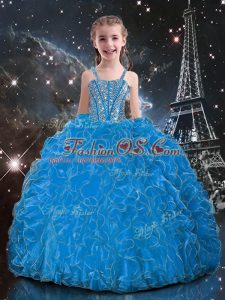 Baby Blue Lace Up Straps Beading and Ruffles Custom Made Pageant Dress Organza Sleeveless