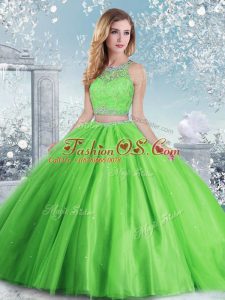 Luxury Tulle Clasp Handle Scoop Sleeveless Floor Length Sweet 16 Dresses Beading and Sequins