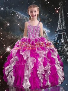 Hot Sale Sleeveless Floor Length Beading and Ruffles Lace Up Kids Pageant Dress with Fuchsia