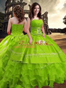 Dramatic Sleeveless Floor Length Embroidery and Ruffled Layers Zipper Vestidos de Quinceanera