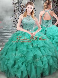 Brush Train Ball Gowns Quince Ball Gowns Turquoise Scoop Organza Sleeveless Lace Up
