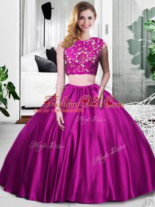 Elegant Fuchsia Scoop Neckline Lace and Ruching 15th Birthday Dress Sleeveless Zipper