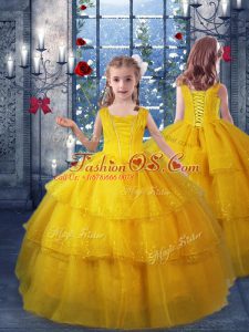 Gold Ball Gowns V-neck Sleeveless Organza Floor Length Lace Up Ruffled Layers Little Girl Pageant Gowns