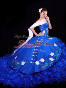 Sweet Sweetheart Sleeveless Ball Gown Prom Dress Brush Train Embroidery and Ruffles Royal Blue Organza