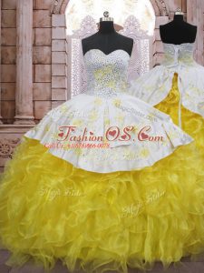 Sweetheart Sleeveless Brush Train Lace Up Sweet 16 Dresses Yellow And White Organza