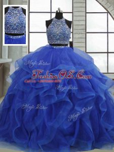Decent Organza Halter Top Sleeveless Lace Up Beading and Ruffles 15 Quinceanera Dress in Royal Blue