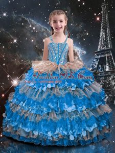 Amazing Baby Blue Straps Neckline Beading and Ruffled Layers Pageant Dress for Girls Sleeveless Lace Up