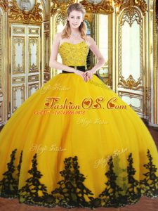 Glorious Gold Organza Zipper Quinceanera Gown Sleeveless Floor Length Beading and Appliques