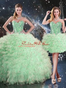 Floor Length Lace Up Sweet 16 Dress Apple Green for Military Ball and Sweet 16 and Quinceanera with Beading and Ruffles